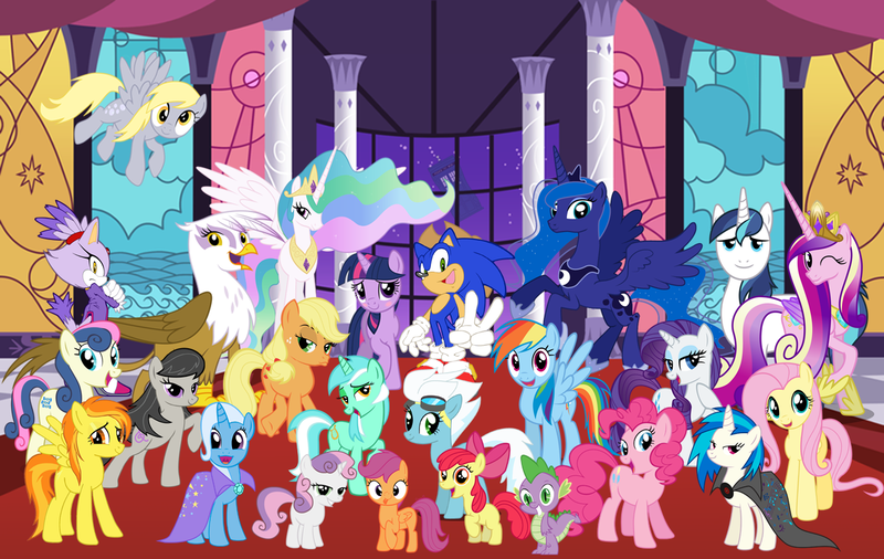 Size: 1280x809 | Tagged: safe, artist:snicketbar, derpibooru import, apple bloom, applejack, bon bon, derpy hooves, fleetfoot, fluttershy, gilda, lyra heartstrings, octavia melody, pinkie pie, princess cadance, princess celestia, princess luna, rainbow dash, rarity, scootaloo, shining armor, spike, spitfire, sweetie belle, sweetie drops, trixie, twilight sparkle, vinyl scratch, gryphon, pegasus, pony, blaze the cat, crossover, cutie mark crusaders, female, mane seven, mane six, mare, sonic the hedgehog, sonic the hedgehog (series)