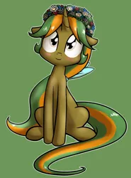 Size: 980x1326 | Tagged: safe, artist:whatsapokemon, derpibooru import, oc, oc:keepsake, unofficial characters only, unicorn, blushing, female, filly, floppy ears, floral head wreath, flower, green background, offspring, parent:oc:appel, parent:oc:sketchy skylar, parents:appelskylar, parents:oc x oc, simple background, solo