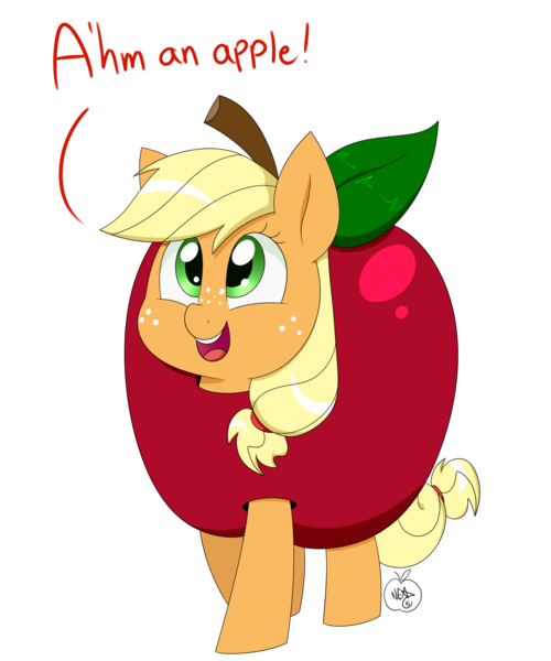 Size: 1500x1800 | Tagged: safe, artist:notenoughapples, derpibooru import, applejack, pony, apple, clothes, costume, cute, filly, jackabetes, silly, silly pony, solo, that pony sure does love apples, truth, who's a silly pony, younger