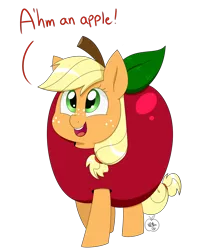 Size: 1500x1800 | Tagged: safe, artist:notenoughapples, derpibooru import, applejack, pony, apple, clothes, costume, cute, filly, jackabetes, silly, silly pony, solo, that pony sure does love apples, truth, who's a silly pony, younger