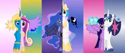 Size: 1600x677 | Tagged: dead source, safe, artist:kindkristy99, derpibooru import, princess cadance, princess celestia, princess luna, shining armor, twilight sparkle, twilight sparkle (alicorn), oc, oc:timor, alicorn, pony, magical mystery cure, alicorn oc, deviantart watermark, obtrusive watermark, watermark