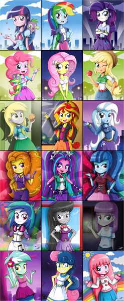 Size: 840x2040 | Tagged: safe, artist:the-butch-x, derpibooru import, edit, adagio dazzle, applejack, aria blaze, bon bon, derpy hooves, fluttershy, lyra heartstrings, maud pie, octavia melody, pinkie pie, rainbow dash, rarity, sonata dusk, spike, sunset shimmer, sweetie drops, trixie, twilight sparkle, twilight sparkle (alicorn), vinyl scratch, oc, oc:fluffle puff, dog, equestria girls, bracelet, mane six, spike the dog, sweatband, the dazzlings, wristband