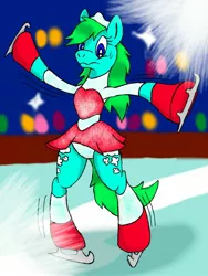 Size: 960x1280 | Tagged: artist:dashingjack, clothes, crossdressing, derpibooru import, dress, ice, ice rink, ice skates, ice skating, leotard, male, oc, oc:brainstorm, skirt, suggestive, trap, unofficial characters only, upskirt, wobbling