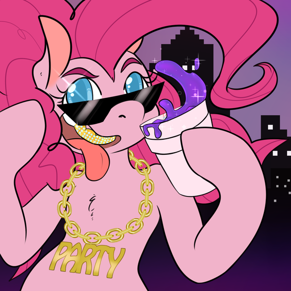 Size: 1280x1280 | Tagged: safe, artist:kittentoots, derpibooru import, pinkie pie, bipedal, chest fluff, colored pupils, drink, jewelry, lean, necklace, purple drank, skyline, solo, sunglasses, tongue out