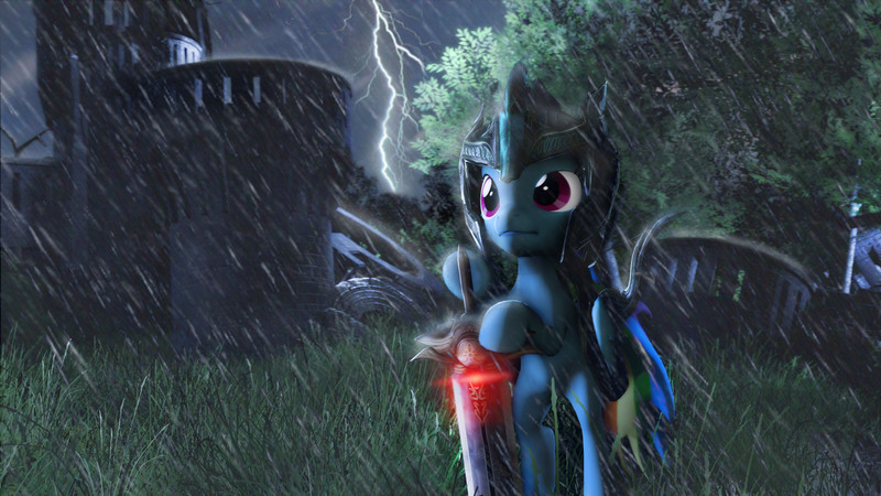 Size: 3840x2160 | Tagged: 3d, 4k, armor, artist:sindroom, derpibooru import, epic, lightning, rain, rainbow dash, ruins, safe, source filmmaker, storm, sword