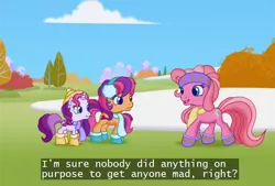 Size: 740x500 | Tagged: bandana, clothes, cutie mark, derpibooru import, earmuffs, g3.5, hat, image macro, meme, pinkie pie, safe, scarf, scootaloo, screencap, subtitles, sweetie belle, text, twinkle wish adventure