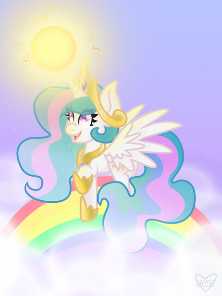 Size: 2448x3264 | Tagged: safe, artist:snowdeer97, derpibooru import, princess celestia, cloud, cloudy, cute, cutelestia, flying, happy, rainbow, smiling, solo, sun