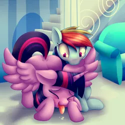 Size: 1024x1024 | Tagged: suggestive, artist:pshyzomancer, derpibooru import, rainbow dash, twilight sparkle, twilight sparkle (alicorn), alicorn, pegasus, pony, blushing, dock, drool, eyes closed, face down ass up, female, lesbian, mare, nom, open mouth, preening, shipping, sitting, smiling, tongue out, twidash, wide eyes, wingboner
