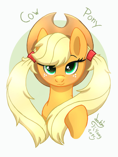 Size: 900x1200 | Tagged: alternate hairstyle, applejack, artist:joakaha, derpibooru import, looking at you, safe, smiling, solo, twintails