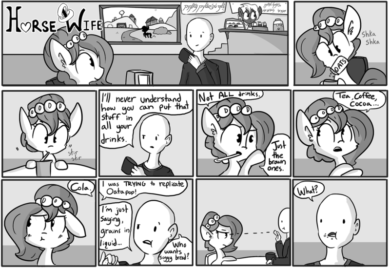 Size: 1280x883 | Tagged: safe, artist:tjpones, derpibooru import, oc, oc:brownie bun, oc:richard, unofficial characters only, horse wife, coffee, comic, donut, hypocritical humor, monochrome, oats, onomatopoeia, tengwar