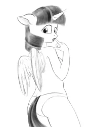 Size: 1193x1643 | Tagged: suggestive, artist:zippysqrl, derpibooru import, twilight sparkle, twilight sparkle (alicorn), anthro, ass, breasts, clothes, female, grayscale, monochrome, open mouth, panties, sketch, solo, solo female, turned away, underwear