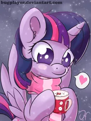 Size: 3000x4000 | Tagged: safe, artist:bugplayer, derpibooru import, twilight sparkle, twilight sparkle (alicorn), alicorn, pony, blushing, bugplayer is trying to murder us, clothes, cute, female, fluffy, heart, hoof hold, hot chocolate, mare, marshmallow, mug, pictogram, scarf, smiling, snow, solo, spread wings, winter