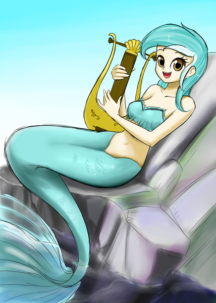 Size: 1300x1824 | Tagged: artist:twilite-sparkleplz, bandeau, belly button, derpibooru import, happy, irrational exuberance, looking at you, lyra heartstrings, lyre, mermaid, mermaidized, mermaid lyra, midriff, open mouth, rock, safe, seaponified, sitting, smiling, solo, species swap, tail, water