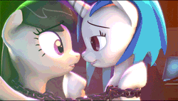 Size: 700x397 | Tagged: suggestive, artist:drdicksamazingstick, derpibooru import, octavia melody, vinyl scratch, pony, unicorn, 3d, animated, bdsm, bedroom eyes, bondage, chains, eye contact, female, femdom, floppy ears, happy bondage, hoof hold, kissing, leash, lesbian, mare, perfect loop, scratchtavia, shipping, smiling, source filmmaker, tongue out, wide eyes