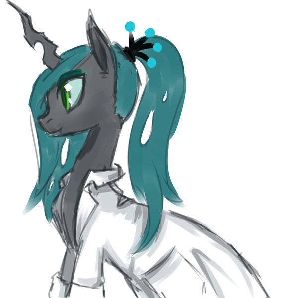 Size: 1200x1200 | Tagged: safe, artist:whale, derpibooru import, queen chrysalis, changeling, changeling queen, alternate hairstyle, clothes, female, image, jpeg, lab coat, ponytail, profile, simple background, smiling, solo, white background