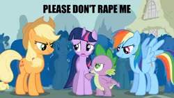 Size: 1280x720 | Tagged: applejack, boast busters, caption, carrot top, cherry cola, cherry fizzy, derpibooru import, edit, edited screencap, golden harvest, image macro, imminent rape, implied rape, linky, meme, ponet, rainbow dash, rainbowshine, screencap, semi-grimdark, shoeshine, spike, suggestive, twilight sparkle