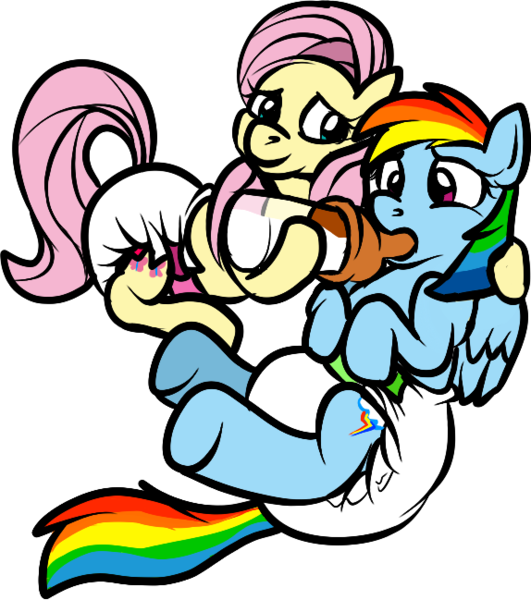 Size: 574x649 | Tagged: adult foal, artist:pidgopidgey, baby bottle, bottle, bottle feeding, cute, derpibooru import, diaper, diaper fetish, fluttershy, poofy diaper, questionable, rainbow dash, super crinkle pony adventure 64