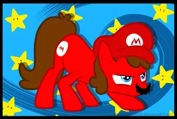Size: 2923x1975 | Tagged: safe, artist:angelgashapon, artist:commandermitsuki, derpibooru import, ponified, pony, blue background, blue eyes, brown hair, brown mane, cap, crouching, cutie mark, facial hair, hat, image, mario, moustache, png, red hat, simple background, solo, stars, super mario bros.