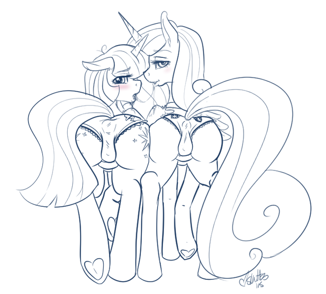 Size: 708x640 | Tagged: questionable, artist:skuttz, derpibooru import, princess cadance, twilight sparkle, twilight sparkle (alicorn), alicorn, pony, anus cameltoe, ass, blushing, cameltoe, clothes, cutie mark underwear, drool, drool string, female, floppy ears, implied twidash, kissing, lesbian, looking at you, looking back, lovebutt, mare, monochrome, neo noir, panties, partial color, plot, plot pair, shipping, sloppy kissing, twibutt, twidance, underhoof, underwear, underwear swap