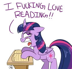 Size: 1280x1236 | Tagged: safe, artist:notenoughapples, derpibooru import, twilight sparkle, twilight sparkle (alicorn), alicorn, pony, book, female, floppy ears, mare, open mouth, simple background, solo, that pony sure does love books, transparent background, vulgar