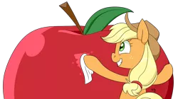 Size: 1280x715 | Tagged: apple, applejack, artist:notenoughapples, derpibooru import, giant apple, grin, polishing, safe, simple background, solo, that pony sure does love apples, transparent background