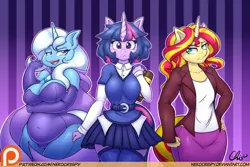 Size: 1280x853 | Tagged: suggestive, artist:nekocrispy, derpibooru import, sunset shimmer, trixie, twilight sparkle, anthro, unicorn, alternate hairstyle, belly button, belt, book, breasts, busty trixie, cape, chubby, cleavage, clothes, counterparts, evening gloves, female, gloves, jacket, leotard, magical trio, magician outfit, mare, open mouth, patreon, plump, shirt, skirt, smiling, stockings, the great and bountiful trixie, thunder thighs, twilight's counterparts