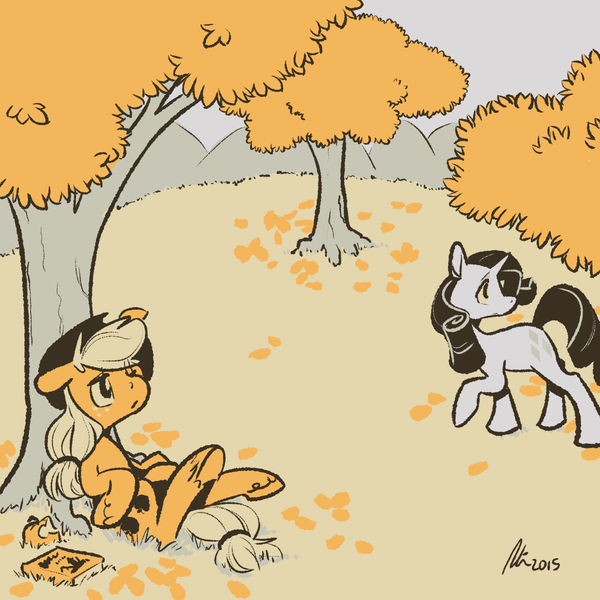 Size: 1200x1200 | Tagged: safe, artist:rwl, derpibooru import, applejack, rarity, earth pony, pony, unicorn, autumn, book, female, lesbian, limited palette, mare, orchard, rarijack, resting, shipping