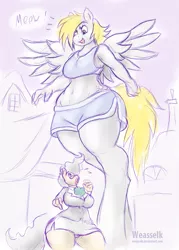 Size: 717x1004 | Tagged: anthro, artist:weasselk, belly button, clothes, derpibooru import, derpy hooves, derpysaur, doodle, do princesses dream of magic sheep, giantess, macro, mayor mare, meow, scene interpretation, shorts, skirt, suggestive, suit, unguligrade anthro, wide hips