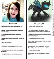 Size: 640x696 | Tagged: changeling, changeling feeding, comparison, derpibooru import, human, irl, irl human, meme, meta, misogyny, overly attached girlfriend, photo, safe, text