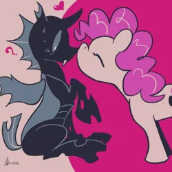 Size: 500x500 | Tagged: artist:rwl, blushing, boop, changeling, confused, cute, derpibooru import, diapinkes, doomie, doomie pie, eyes closed, female, heart, interspecies, limited palette, male, noseboop, pinkie pie, question mark, safe, shipping, straight, surprised, sweat, wide eyes