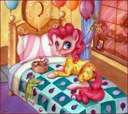 Size: 949x842 | Tagged: safe, artist:dirlcutto, color edit, derpibooru import, gummy, pinkie pie, pony, balloon, bed, bedroom, candy, clothes, lollipop, midriff, pajamas, traditional art, watercolor painting