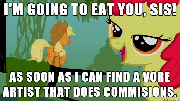 Size: 610x343 | Tagged: safe, derpibooru import, edit, edited screencap, screencap, apple bloom, applejack, earth pony, pony, bridle gossip, appletini, bedroom eyes, butt, caption, female, filly, image macro, implied vore, macro, mare, meme, micro, plot