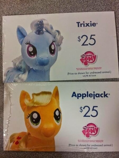 Size: 581x775 | Tagged: safe, derpibooru import, applejack, trixie, pony, unicorn, build-a-bear, female, mare, merchandise, youtube link