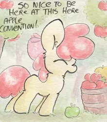 Size: 690x785 | Tagged: 2015, apple, apple bloom, artist:slightlyshade, derpibooru import, galacon, galacon 2015, pun, safe, solo, that pony sure does love apples, traditional art