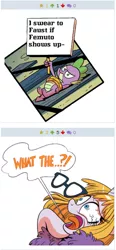 Size: 256x552 | Tagged: derpibooru, derpibooru import, exploitable meme, feather boa, idw, juxtaposition, juxtaposition win, meme, meta, peril, rope, safe, spike, spike's rude sign, spoiler:comic, spoiler:comicff19, tied to tracks, tied up, train tracks