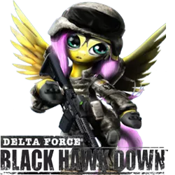 Size: 256x256 | Tagged: artist:metropony, artist:wylfden, black hawk down, delta force, derpibooru import, edit, fluttershy, gun, novalogic, semi-grimdark, solo, war