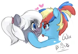 Size: 500x350 | Tagged: safe, artist:walthooves, derpibooru import, oc, unofficial characters only, blushing, female, heart, lesbian, tongue out