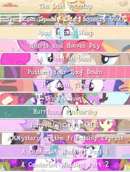 Size: 540x714 | Tagged: a canterlot wedding, a friend in deed, apple bloom, artist:your-pretty-cupcake, cutie mark crusaders, derpibooru import, dragon quest, edit, edited screencap, hearts and hooves day, hearts and hooves day (episode), hurricane fluttershy, it's about time, mmmystery on the friendship express, ponyville confidential, princess cadance, putting your hoof down, read it and weep, safe, scootaloo, screencap, shining armor, sweetie belle, text, the last roundup, the super speedy cider squeezy 6000