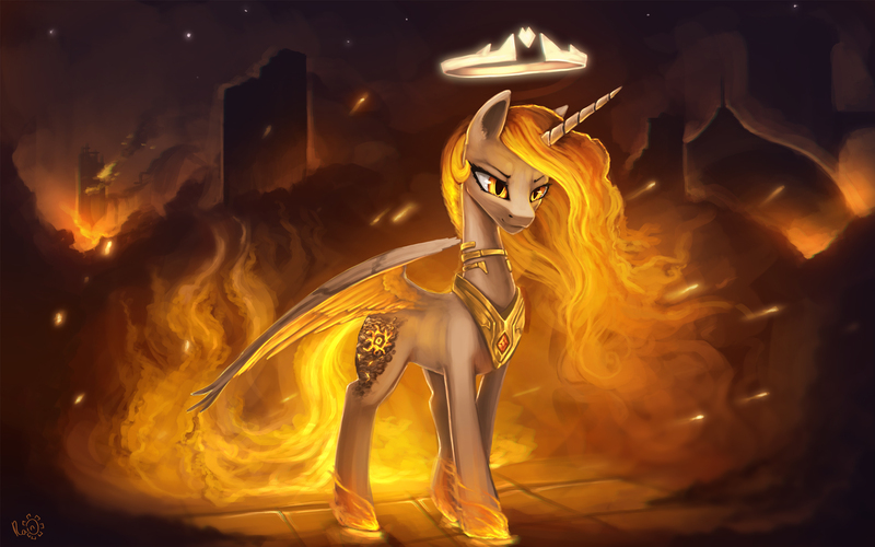 Size: 1920x1200 | Tagged: safe, artist:rain-gear, derpibooru import, nightmare star, princess celestia, alicorn, pony, female, fire, glare, halo, mare, necklace, smirk, solo, spread wings