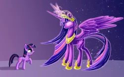 Size: 2000x1250 | Tagged: safe, artist:starbat, derpibooru import, twilight sparkle, twilight sparkle (alicorn), alicorn, pony, unicorn, journey of the spark, big crown thingy, concept art, element of magic, ethereal mane, female, filly, filly twilight sparkle, glowing eyes, jewelry, mare, older, older twilight, peytral, regalia, self ponidox, spread wings, starry mane, stars, ultimate twilight, unicorn twilight, vision, wings, younger