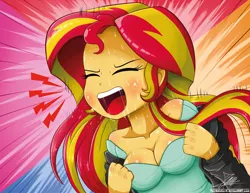 Size: 1102x850 | Tagged: suggestive, artist:the-butch-x, derpibooru import, sunset shimmer, equestria girls, beautiful hair, breasts, busty sunset shimmer, cleavage, clothes, erect nipples, female, image, jacket, png, screaming, sexy, shirt, signature, solo, solo female, stupid sexy sunset shimmer, sweat, undressing