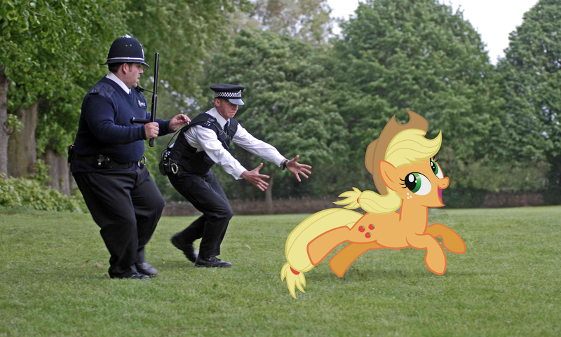 Size: 3872x2328 | Tagged: safe, artist:moongazeponies, artist:normanb88, derpibooru import, applejack, earth pony, human, pony, artifact, baton, chase, crossover, cute, danny butterman, female, fuck the police, grass, happy, hot fuzz, irl, jackabetes, mare, nicholas angel, nick frost, open mouth, photo, police, ponies in real life, running, silly, silly pony, simon pegg, smiling, tree, vector