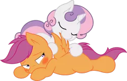 Size: 770x490 | Tagged: safe, artist:deadparrot22, artist:joey darkmeat, derpibooru import, scootaloo, sweetie belle, pegasus, pony, unicorn, absurd resolution, blushing, colored, female, filly, lesbian, preening, scootabelle, shipping, simple background, svg, transparent background, vector