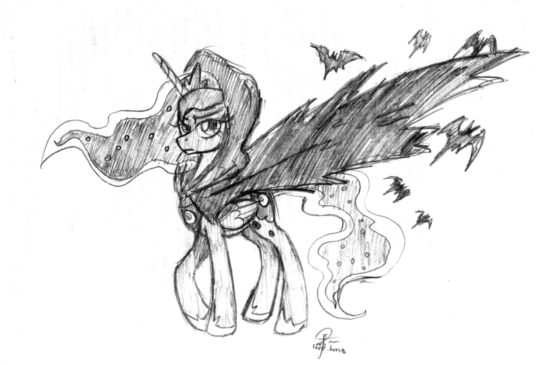 Size: 2752x1824 | Tagged: artist:leadhooves, bat, bat cloak, cloak, clothes, derpibooru import, frown, hood, looking at you, monochrome, princess luna, raised hoof, safe, serious, solo, unamused