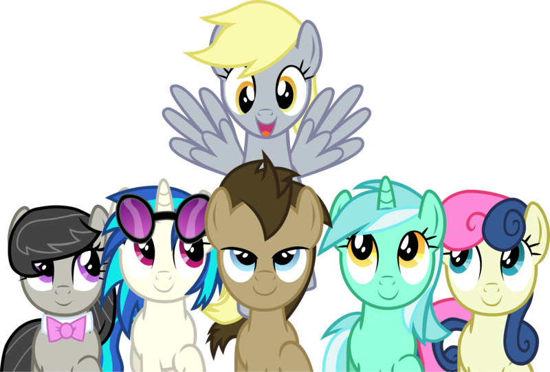 Size: 7041x4761 | Tagged: safe, artist:firestorm-can, derpibooru import, bon bon, derpy hooves, doctor whooves, lyra heartstrings, octavia melody, sweetie drops, time turner, vinyl scratch, earth pony, pegasus, pony, unicorn, absurd resolution, background pony, background six, bowtie, female, hooves, horn, male, mare, open mouth, simple background, smiling, spread wings, stallion, sunglasses, transparent background, vector, wings