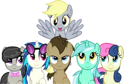 Size: 7041x4761 | Tagged: safe, artist:firestorm-can, derpibooru import, bon bon, derpy hooves, doctor whooves, lyra heartstrings, octavia melody, sweetie drops, time turner, vinyl scratch, earth pony, pegasus, pony, unicorn, absurd resolution, background pony, background six, bowtie, female, hooves, horn, male, mare, open mouth, simple background, smiling, spread wings, stallion, sunglasses, transparent background, vector, wings
