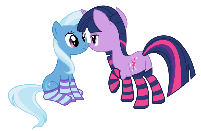 Size: 4607x3000 | Tagged: suggestive, artist:alexiy777, derpibooru import, trixie, twilight sparkle, pony, unicorn, clothes, female, lesbian, mare, plot, shipping, simple background, socks, striped socks, transparent background, twixie, unicorn twilight, vector