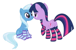 Size: 4607x3000 | Tagged: suggestive, artist:alexiy777, derpibooru import, trixie, twilight sparkle, pony, unicorn, clothes, female, lesbian, mare, plot, shipping, simple background, socks, striped socks, transparent background, twixie, unicorn twilight, vector