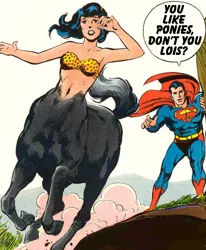 Size: 506x614 | Tagged: barely pony related, belly button, bikini, centaur, clothes, dc comics, derpibooru import, lois lane, midriff, safe, superdickery, superman, swimsuit, wat