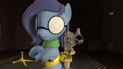 Size: 1280x720 | Tagged: semi-grimdark, artist:camchao, derpibooru import, oc, oc:aural harmony, unofficial characters only, earth pony, pony, 3d, ambiguous gender, badass, bipedal, blank eyes, claws, clothes, crossed arms, female, glasses, gun, hidden eyes, mare, opaque lenses, revolver, scarf, solo, source filmmaker, team fortress 2